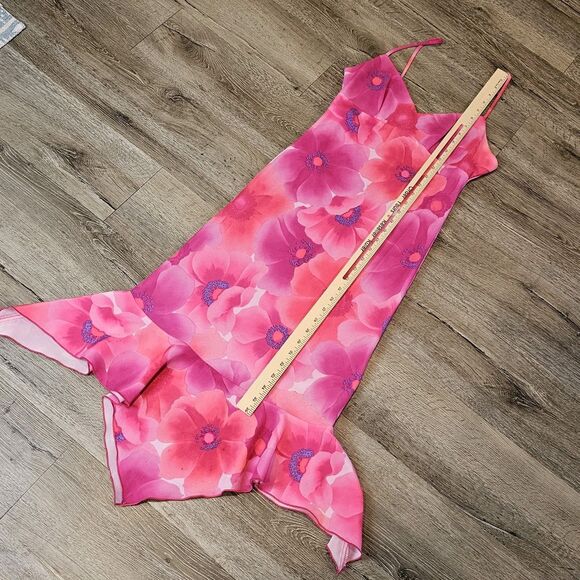 Vintage Mirrors Y2K Slip Dress S Pink Floral Sharkbite Hem So-Cal Island Girl - Picture 5 of 11
